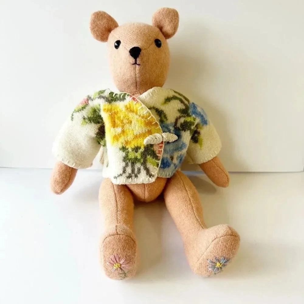 VINTAGE Handmade Teddy Bear‎ Embroidered Floral Paws Poseable
